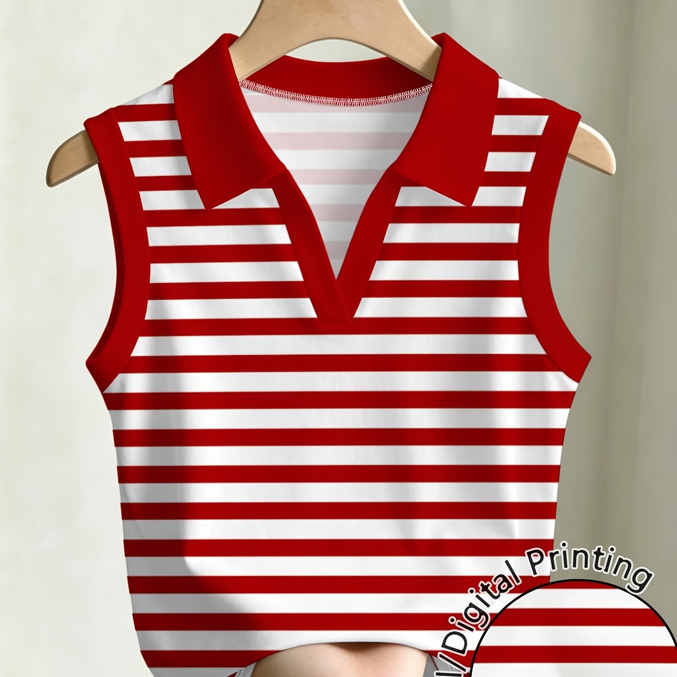 TEMU Red And White Striped Sleeveless Collar Top Female Summer All-match Casual Short Thin And Sense Niche Wear And Match Vacation Beach Essential
