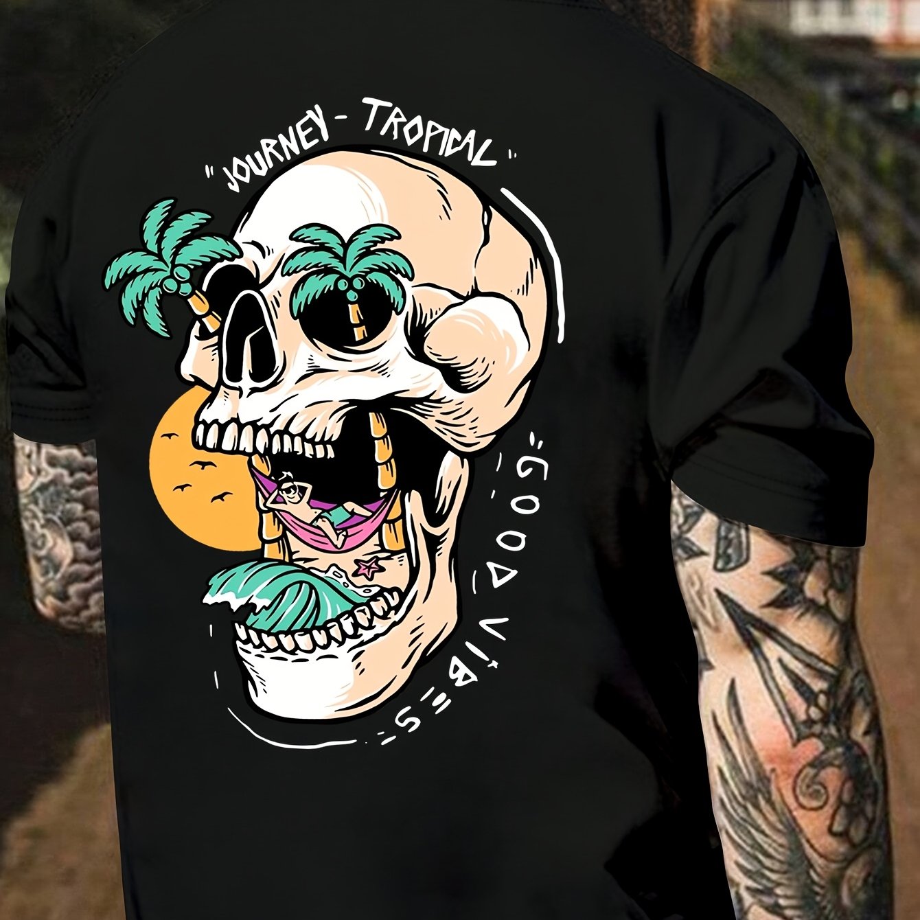 TEMU Men's Tropical Style T-shirt - Street , Summer Beach Concert Casual Top, Geometric Pattern Soft Texture Short Sleeve Shirt, Suitable For Daily