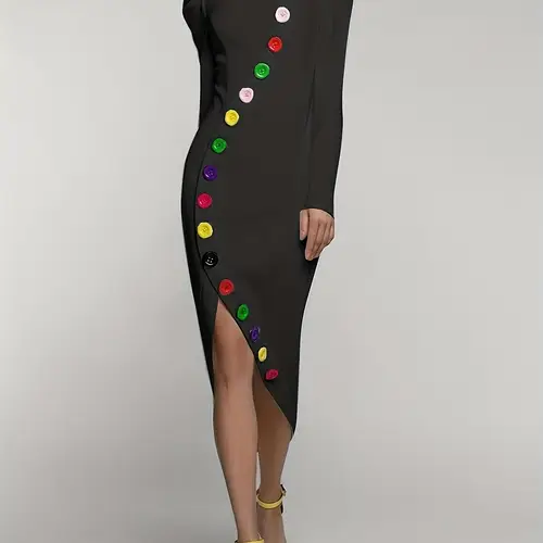 womens fashionable color button high neck asymmetrical dress long sleeved fit casual midi skirt