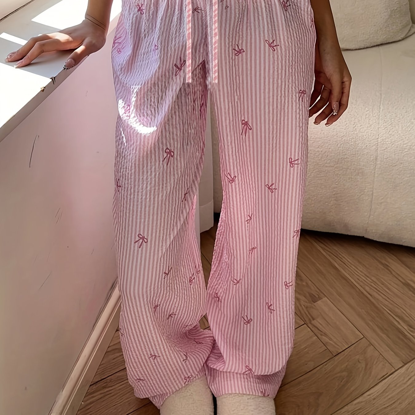 Striped Bow Print Drawstring Loose Pants
