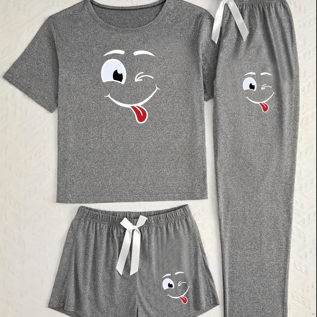 TEMU 3pcs New Print Pajama Set With Bow Pants And Short-sleeve Top, Casual And Comfortable Loungewear