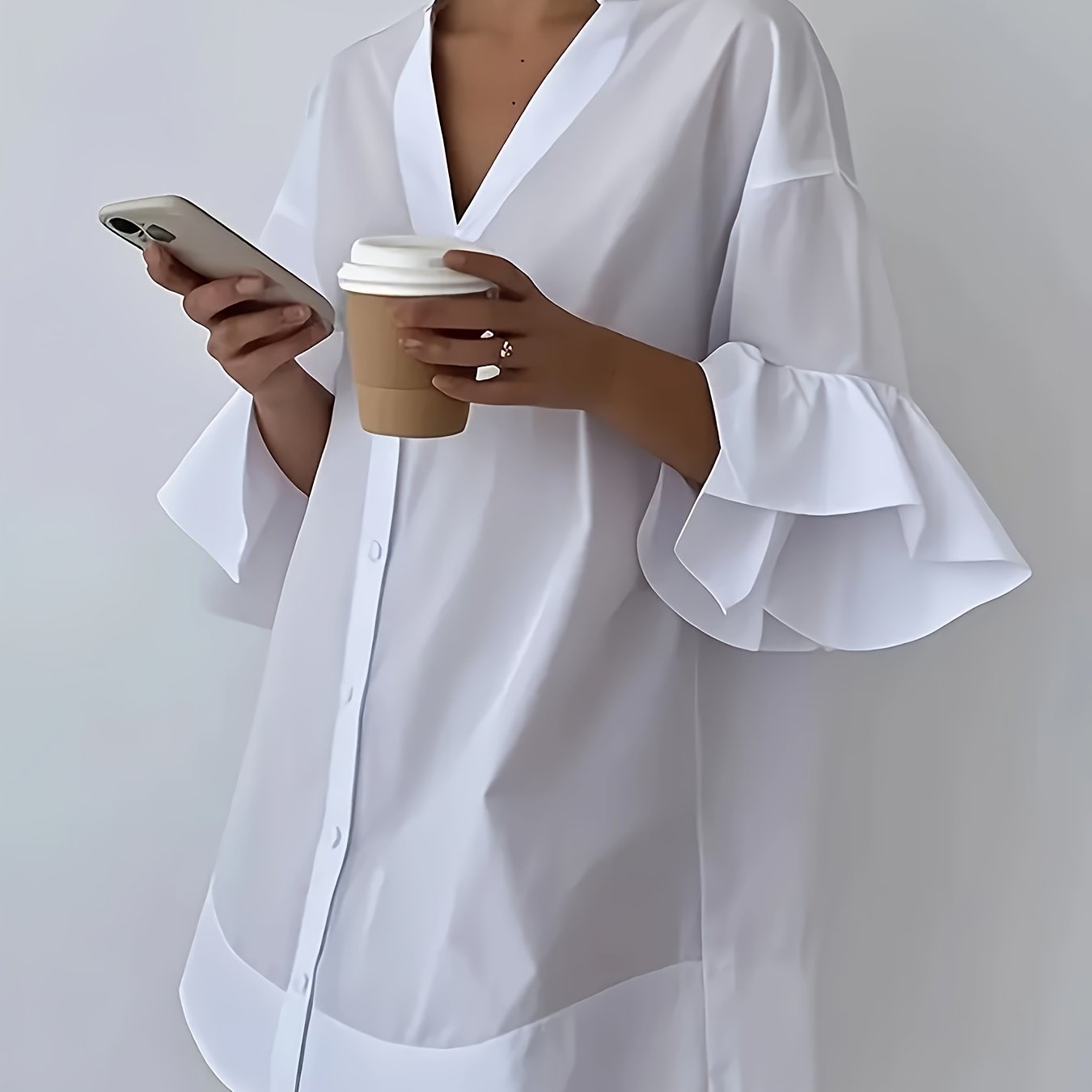Image of Bd2801479 Women's White Long-sleeve Shirt - Collar With Button Front, Ruffle Flared Sleeves, Semi-sheer Loose Fit, Machine Washable, Versatile For , , Lightweight Fabric, , Breathable Material