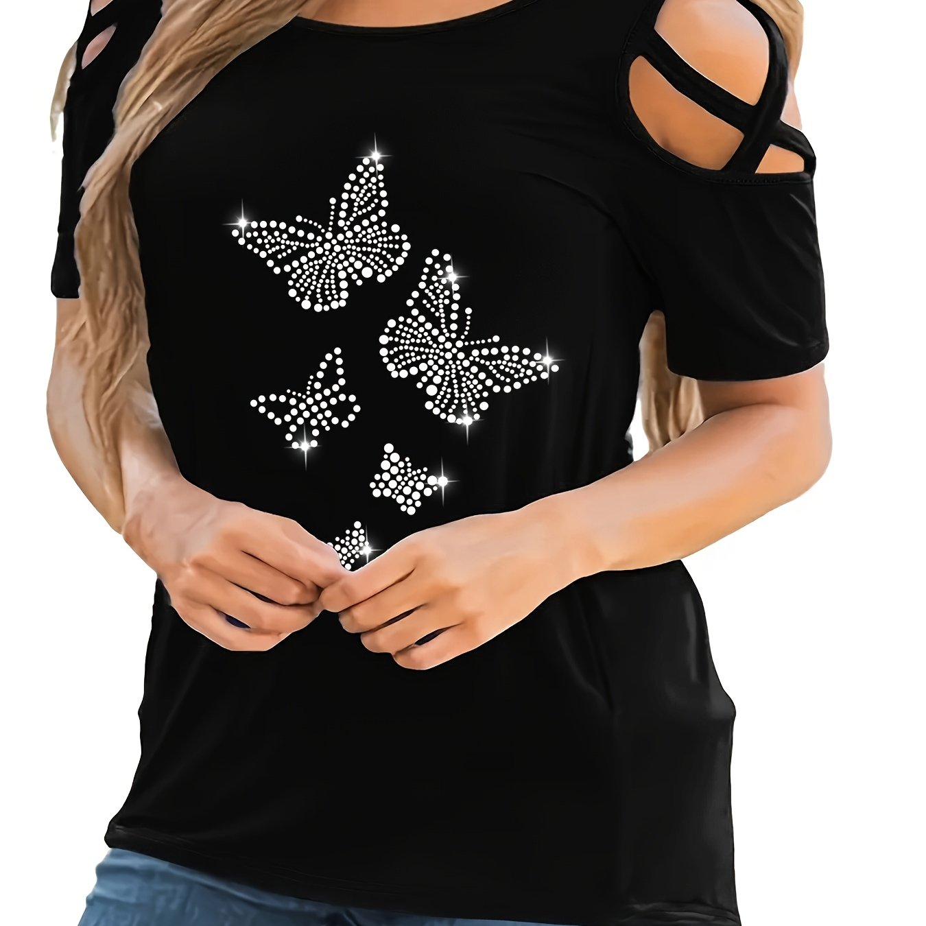 Image of Elegant Women's Round Neck Off-shoulder Cross-strap Rhinestone Short Sleeve T-shirt, Fashion Rhinestone Tee