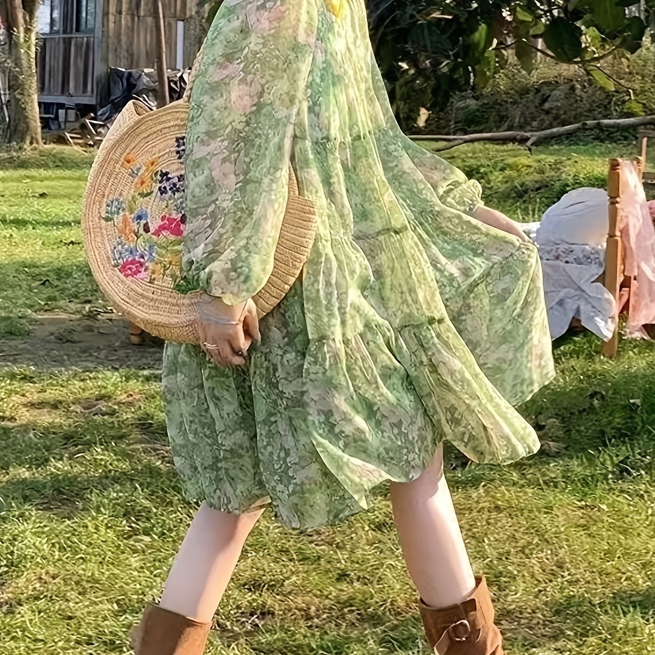 TEMU 【商品名】花柄ロングパフスリーブ ゆったりケーキドレス、年齢を若く見せる、夏の新商品、ショッピングやデートに最適