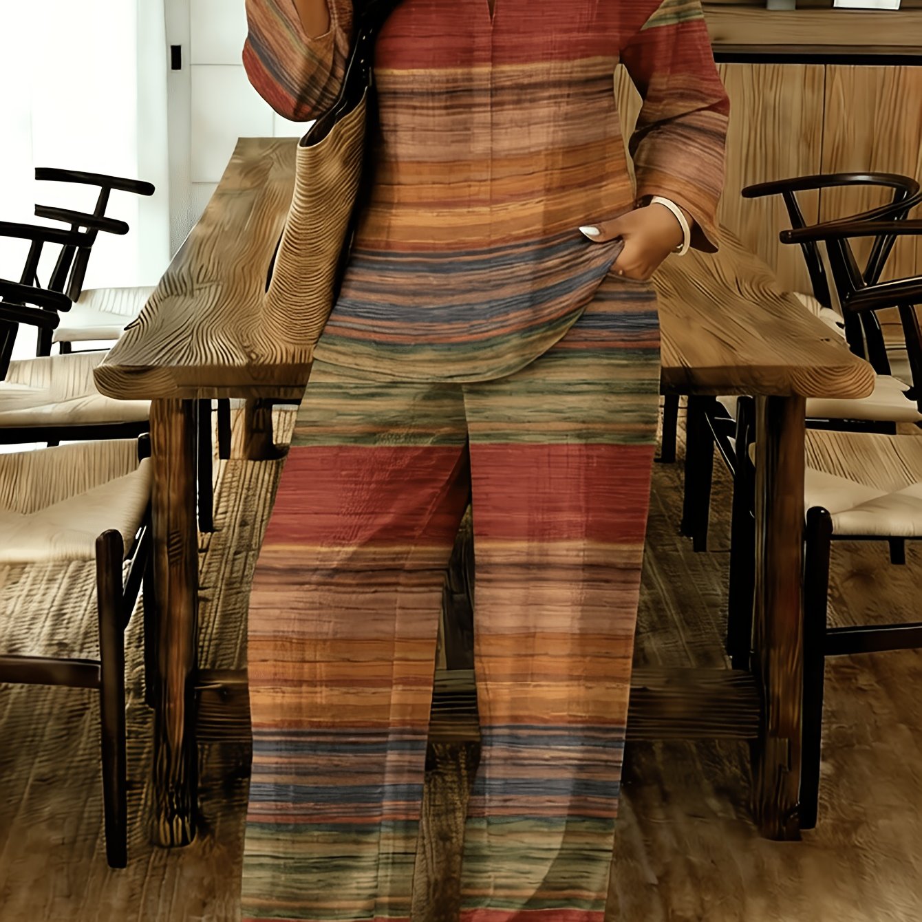 TEMU Women's Striped 2pcs Set, European Style Diagonal Striped Short Sleeve Top + Wide Leg Pants Suit, Casual Commuter Outfit