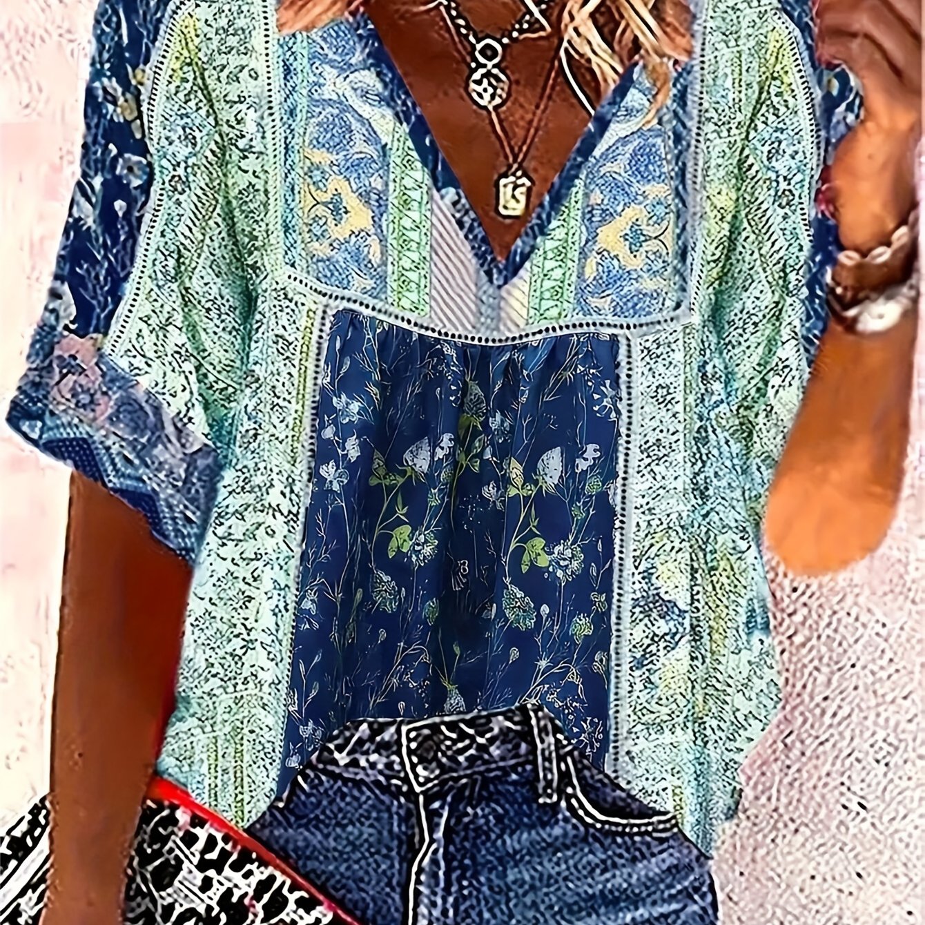TEMU Plus Size - Plus Size - Plus Size Women's Boho Floral Print Blouse, V-neck Long Sleeve Top, Casual Beach Shirt