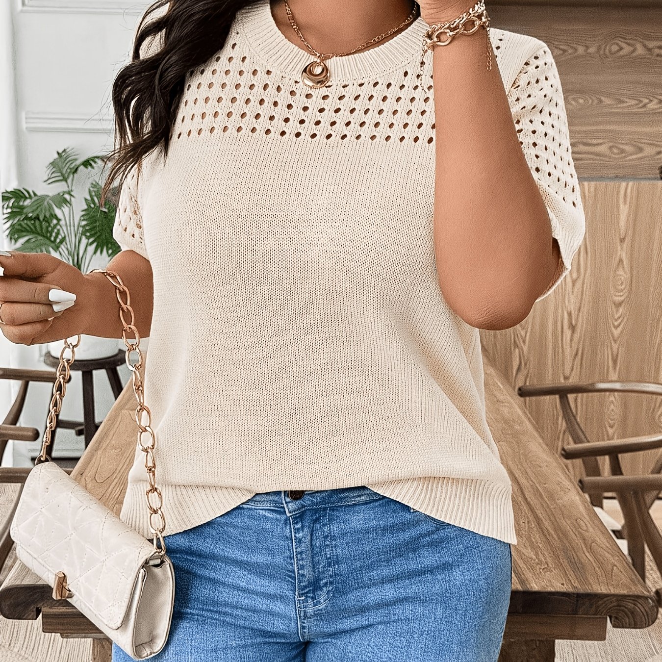 TEMU Plus Size Women's Size Contrast Lace Short Sleeve, Round Neck Loose Breathable Top, Fashionable Elegant Casual Commute Leisure All-match Soft