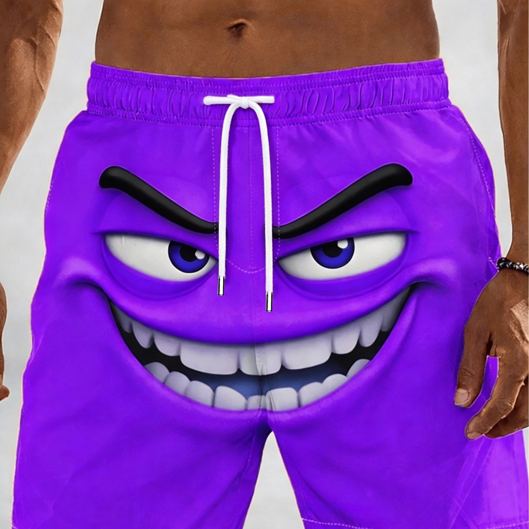 TEMU Cool Summer Men's Face Print Beach Shorts - Casual Drawstring Waist, Lightweight And Comfortable For Summer, Casual Wear, Comfortably Fitting
