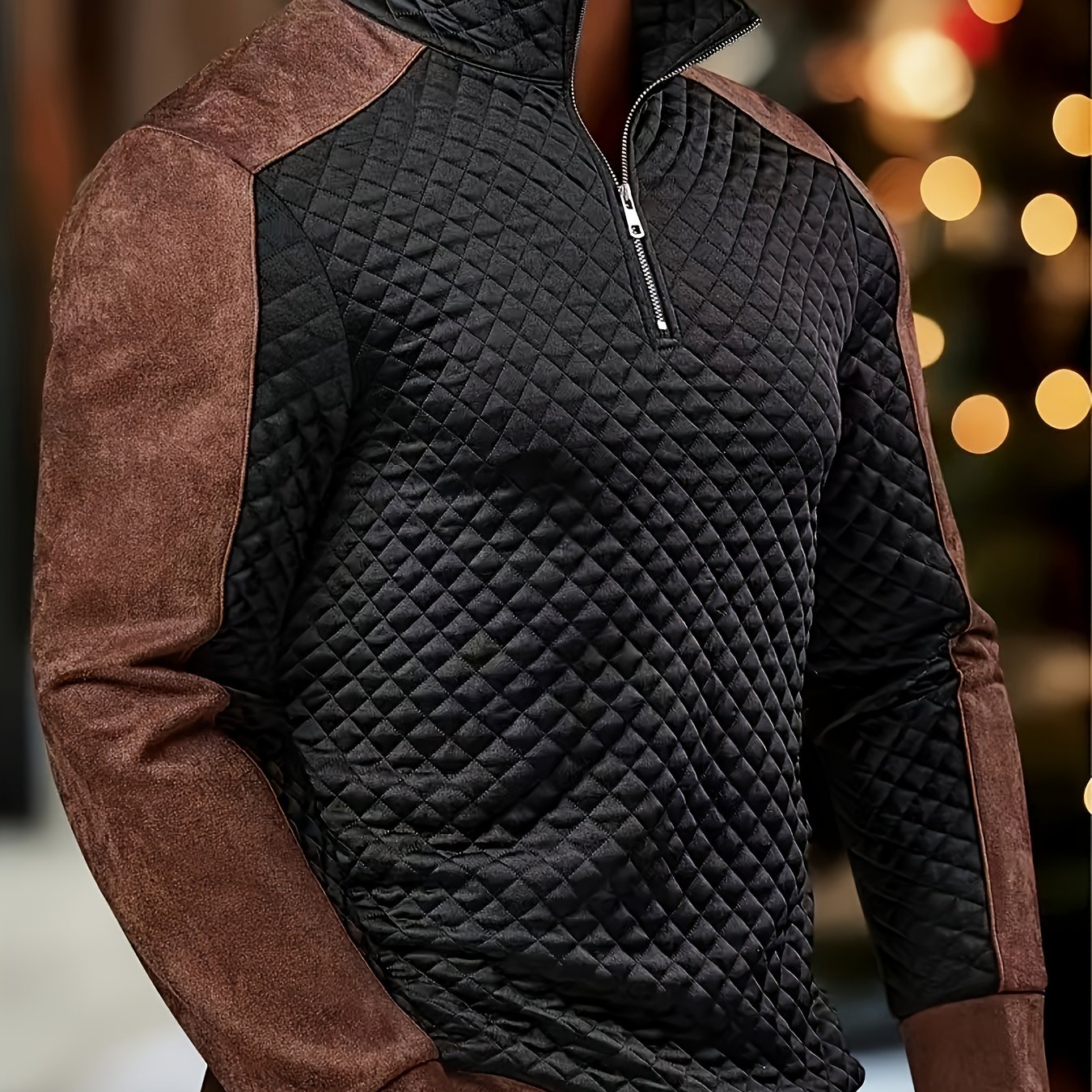 TEMU Men's Color- Casual Stand Collar Pullover - Ribbed Color-block , Thick And Warm Pullover, Stand Collar With Zipper Design, Suitable For Daily