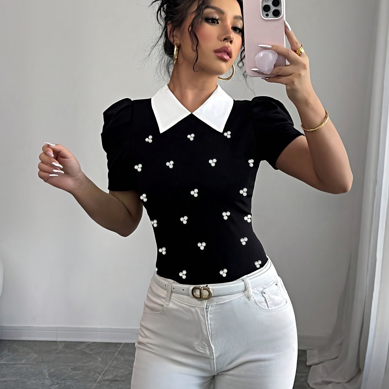 Image of Women's Elegant Black & White Contrast Pearl- Collar T-shirt - Short Sleeve Summer Top With Flared Cuff Sleeves, Machine Washable Regular Fit Casual Shirt, Ladies T Shirts