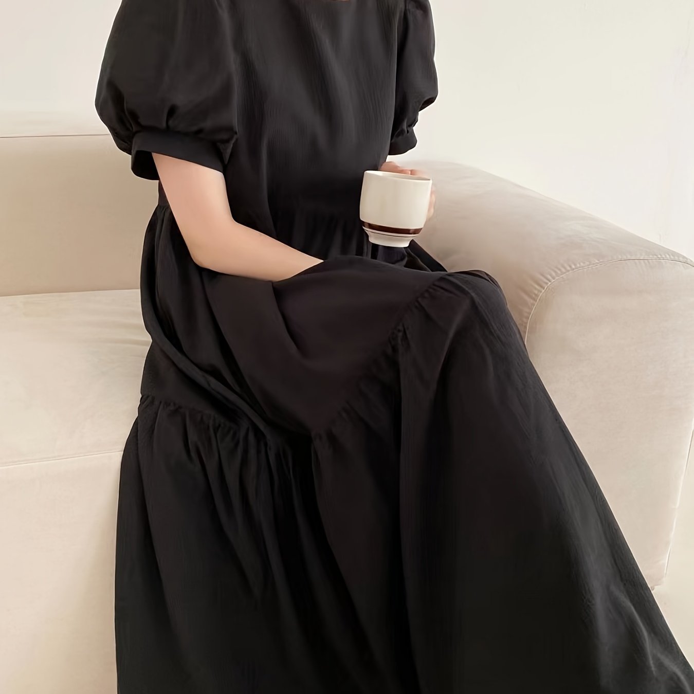 TEMU プラスサイズ、プラスサイズフレンチドレス - バブルスリーブ＆プリーツレイヤー付きロングオーバーニードレス、スモックドレス、・パーティー・プロム用ロングガウン（洗濯機可）