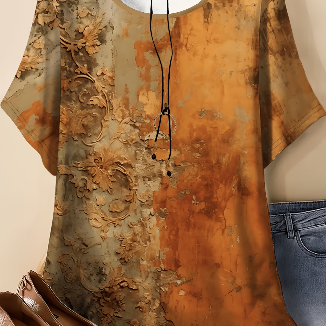 TEMU Vintage Print Short-sleeve Top, Women's Loose Neck Pullover, Casual Summer Wear, Comfortable And Breathable Style