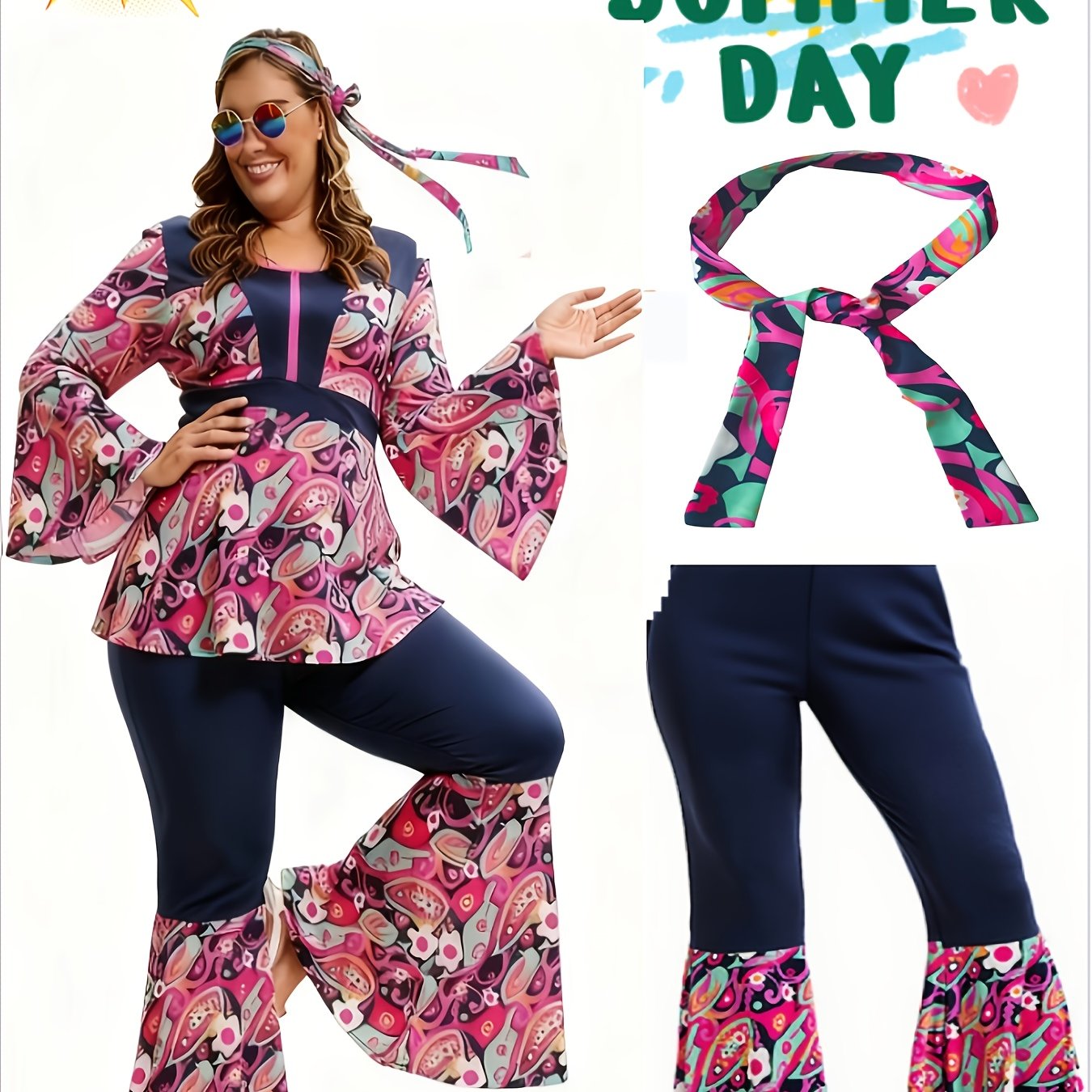 TEMU Plus Size, Plus-size Women's 70s Disco, Hippie Psychedelic Print Flared Sleeve Top   Flared Pants   Headband Set, Perfect For Music Festivals,