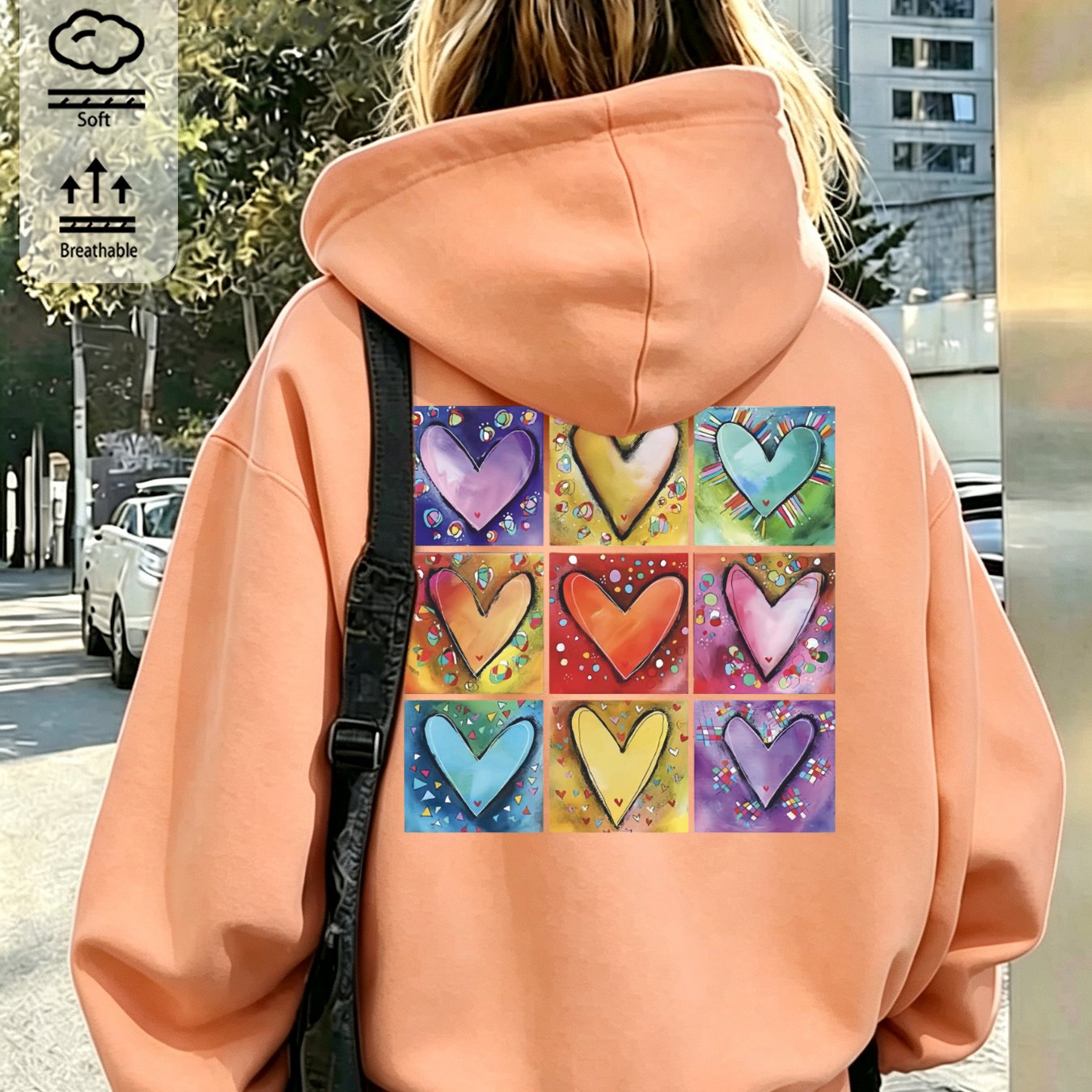 Image of Autumn Winter Women's Loose Fit Pocket Hoodie With -grid Colorful Heart Print Y2k Retro Street Style Casual Drawstring Pullover Outerwear