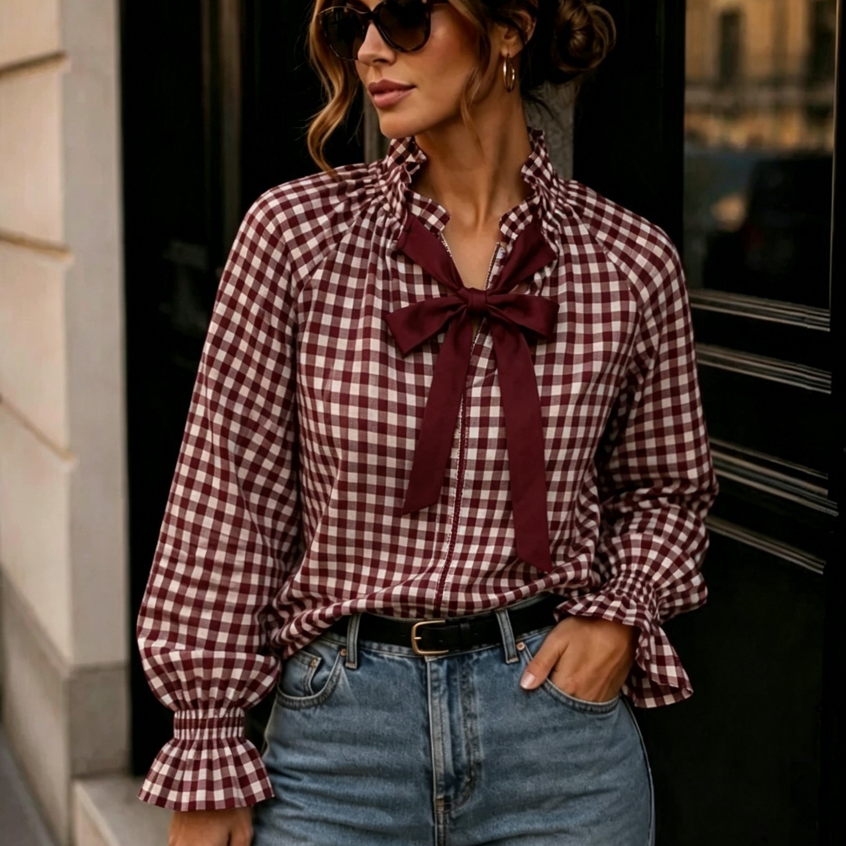 TEMU Wine Red Shirt For Women With Bow Collar, Ruffle Hem, And Long Sleeves, Elegant Office Casual Blouse Asd1