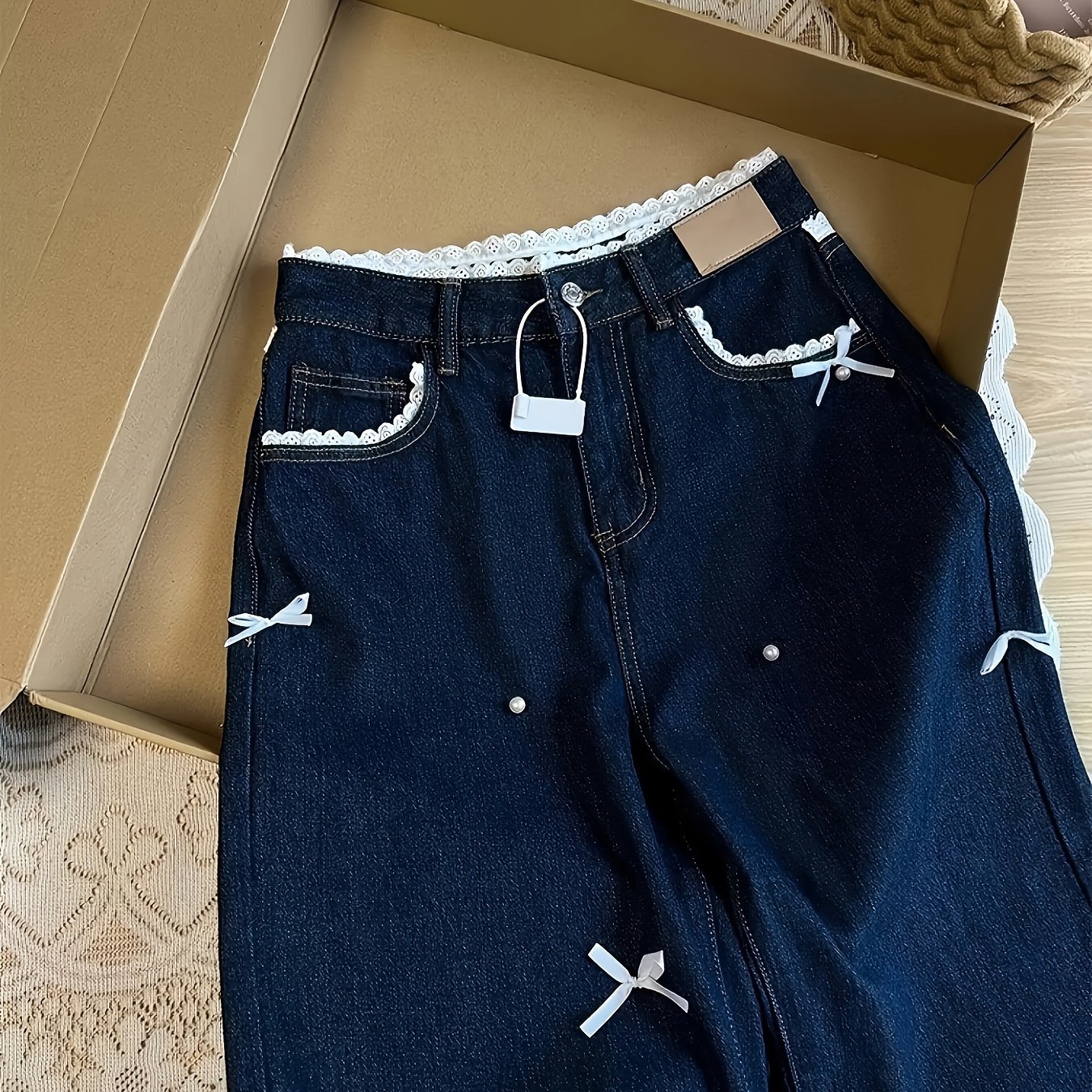 TEMU 【最新】レディース ボウストラウス。洗い上げ加工されたワイドトレートパンツ。精巧なレースのとなデザインが特徴。カジュアルな服装に最適で、でアダプタブルなアイテム。