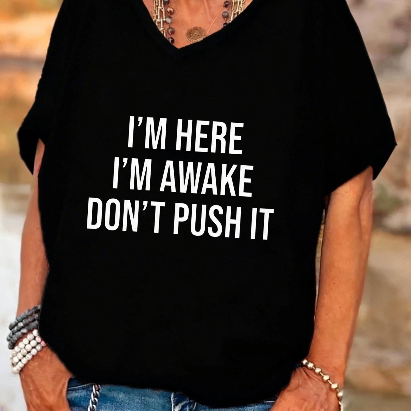 TEMU Plus Size Women's V-neck Batwing Sleeves T-shirt I'm Awake Don't Graphic Print Summer Outfit Gift For Her