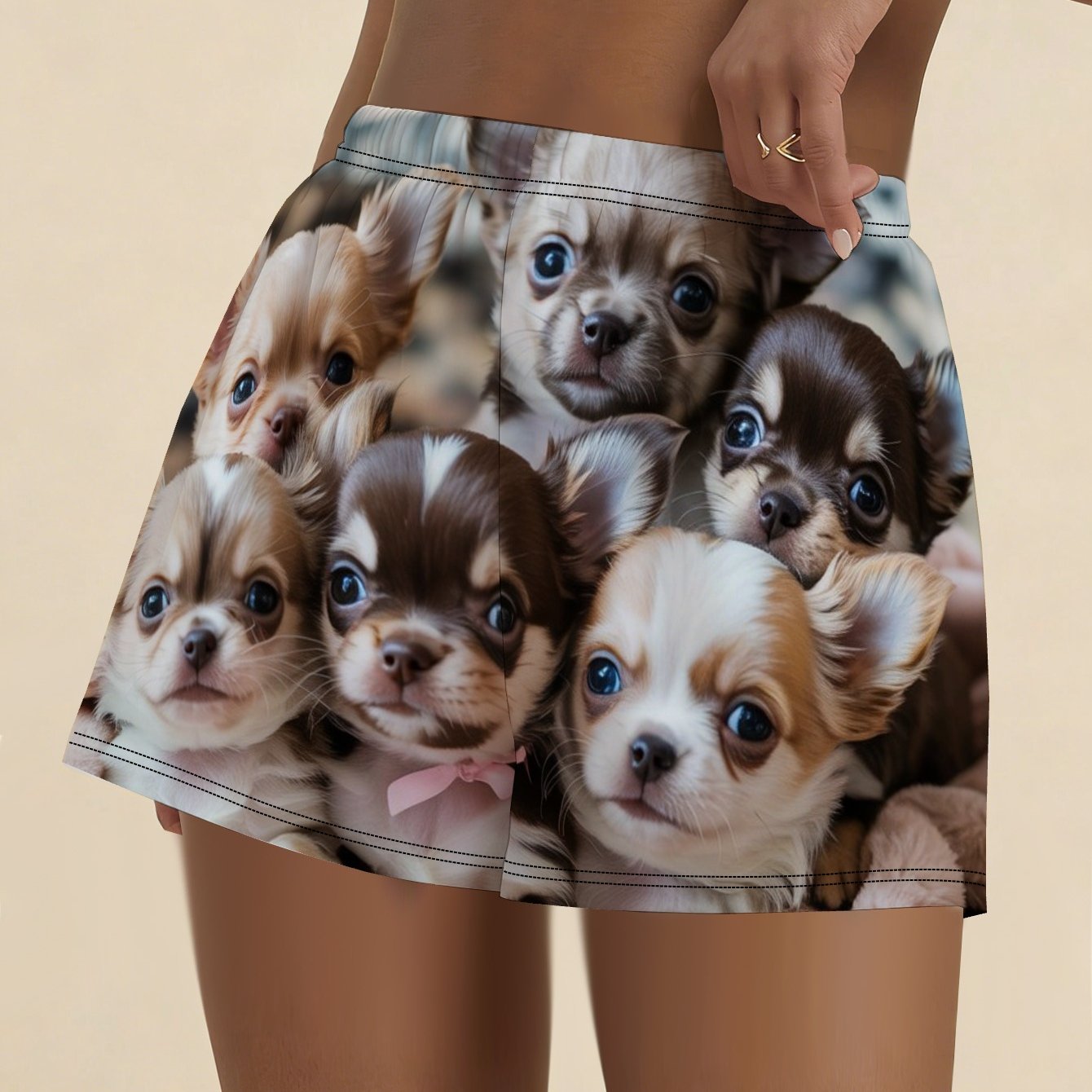 TEMU Women's Chihuahua Print Shorts With Full-body Chihuahua Bow - Casual Elastic-free Suitable For - Wear, Machine Washable Shorts For Dog Lovers,