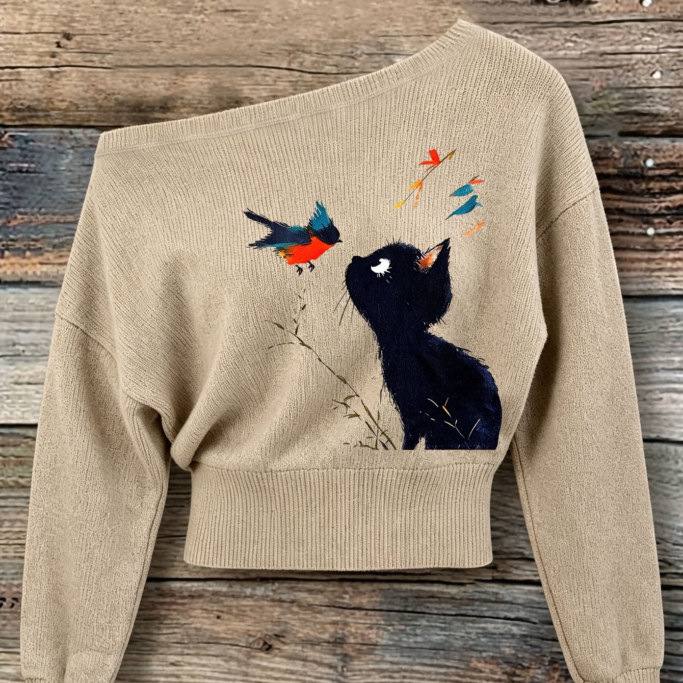 TEMU Autumn Winter Casual Elegant Women's Off-shoulder Short Sweater, Black Cat Bird Print Pullover, Short Length With Shoulders And High Waist, Long