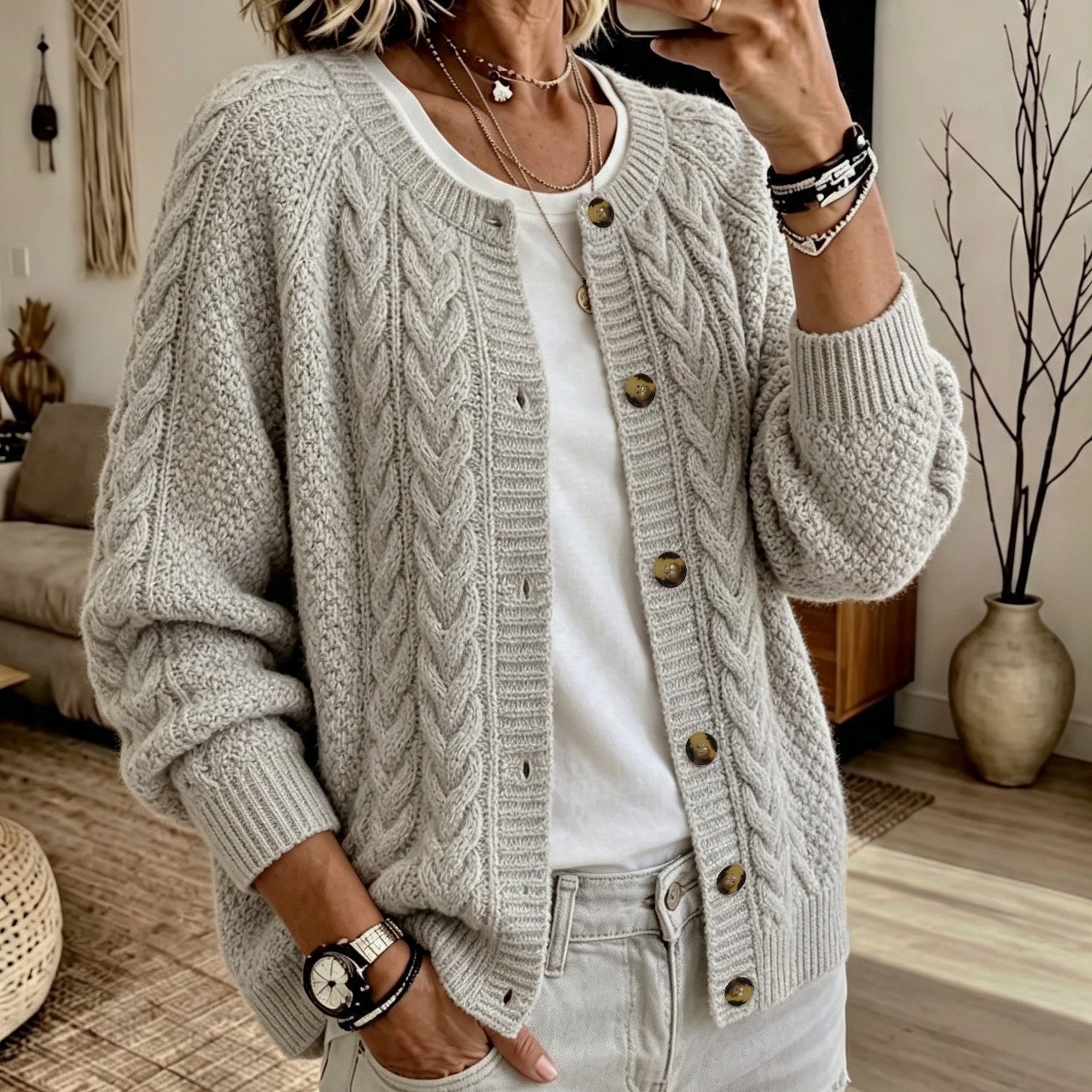 TEMU Plus Size, European And Vintage Relaxed Neck Cable Solid Color Simple Loose Long Sleeve Daily Versatile Raglan Sleeve Warm Layering Stylish