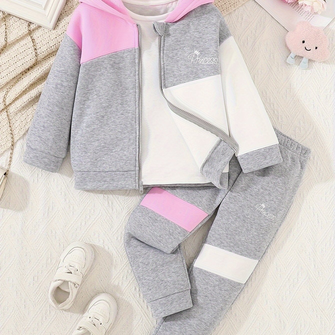 Image of Girls' 2-piece Set: Casual Hooded Long-sleeve Zip-up Jacket With Contrast Lettering + Pants, Autumn/winter Outerwear For