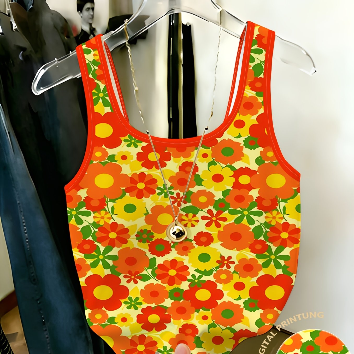 TEMU Orange Floral Pattern Vest For Women, Summer Sleeveless Top, Fashionable Printed Camisole, Casual And Versatile Short Top