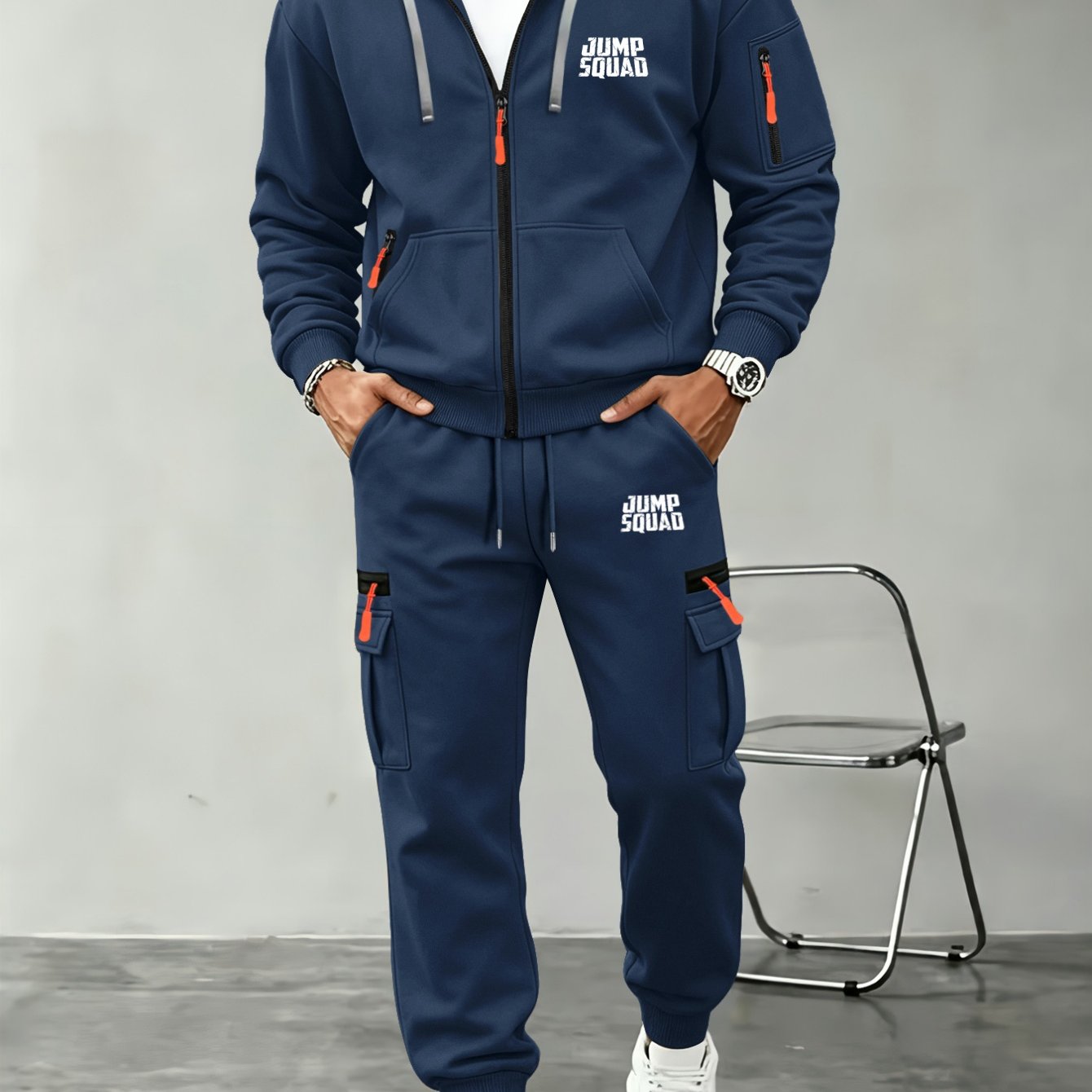 TEMU Men's Hooded American-style Minimalist Workwear 2pcs Set, Minimalist Double-layer Heavy Letter Set
