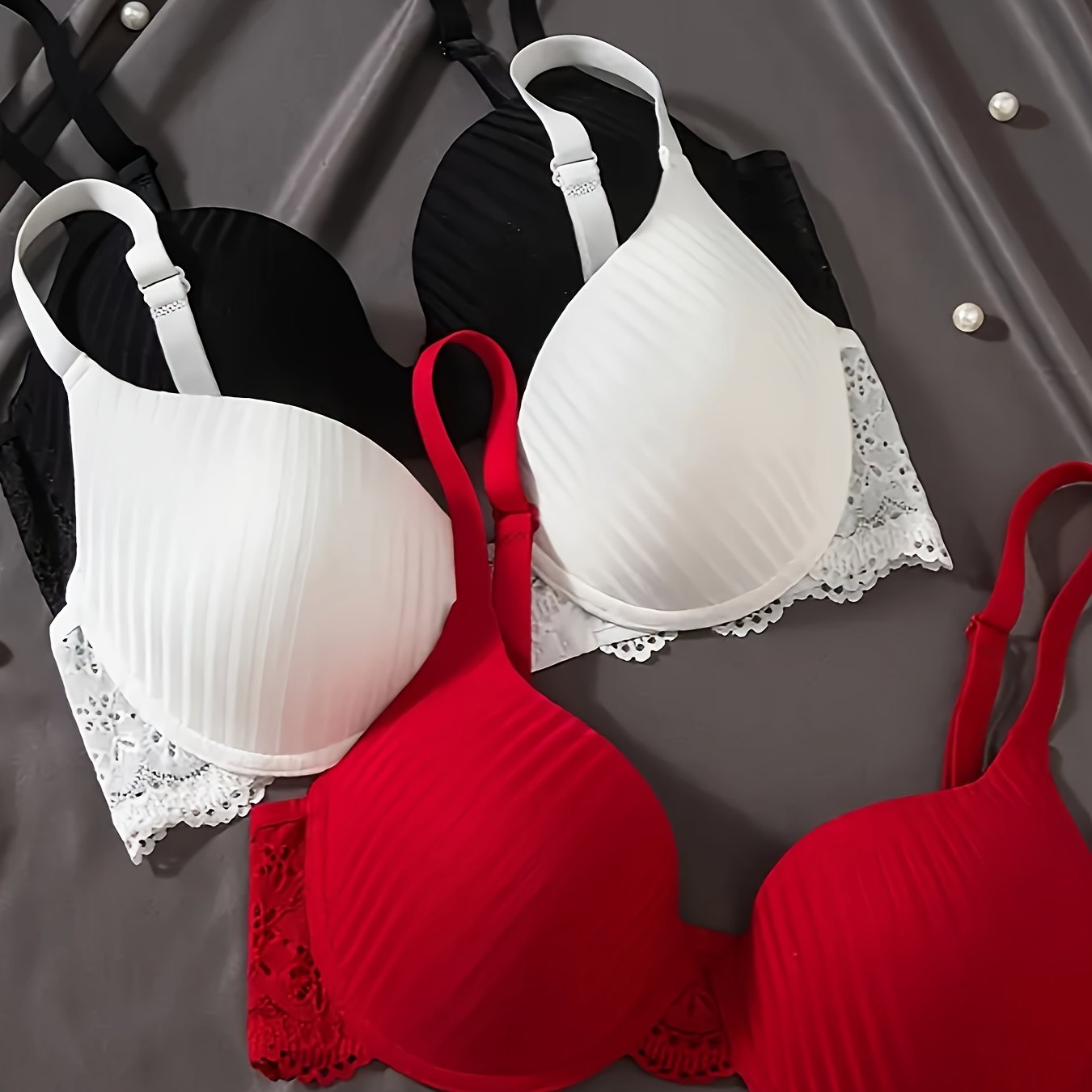 3pcs Women's Viscose Fabric Bras - Mature Style Solid Color Push-up Underwire Bra With Non-removable Padding, 3 Colors : /