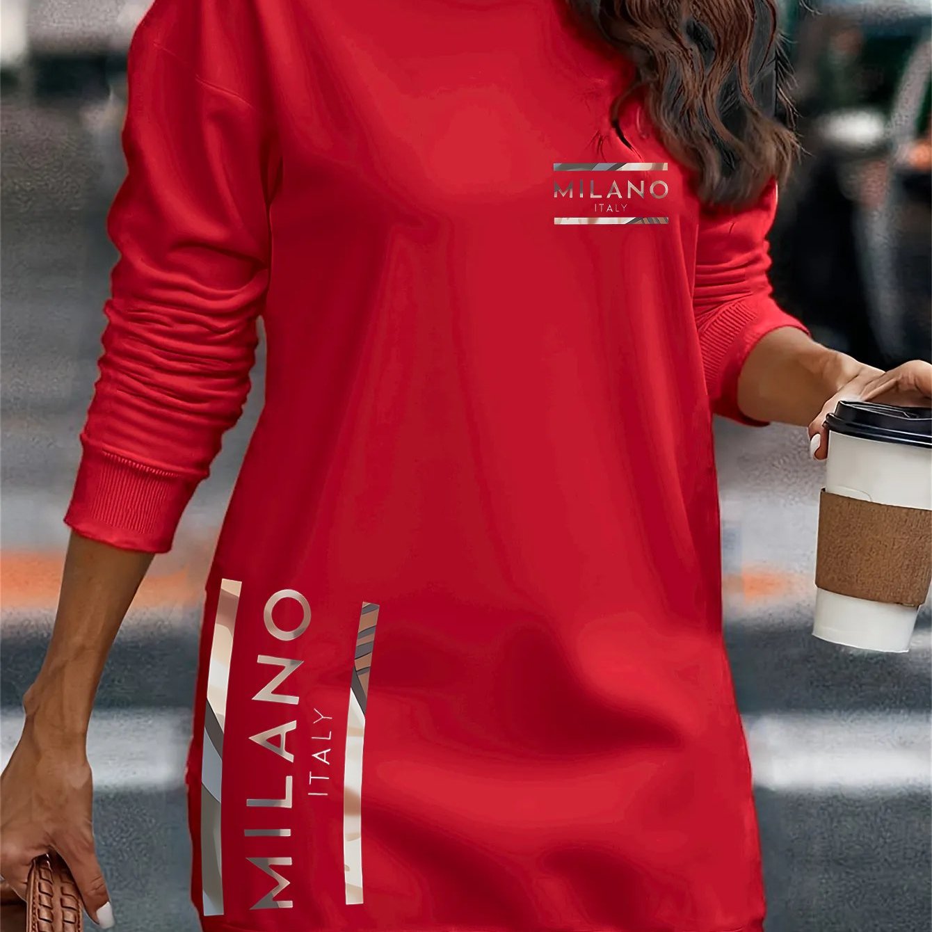 E-shop Verlängerter Kapuzenpullover, Sweatshirt-Kleid, Casual Damen-Pendlerstil, Lockerer Schnitt, Thermotransferdruck, Elastische