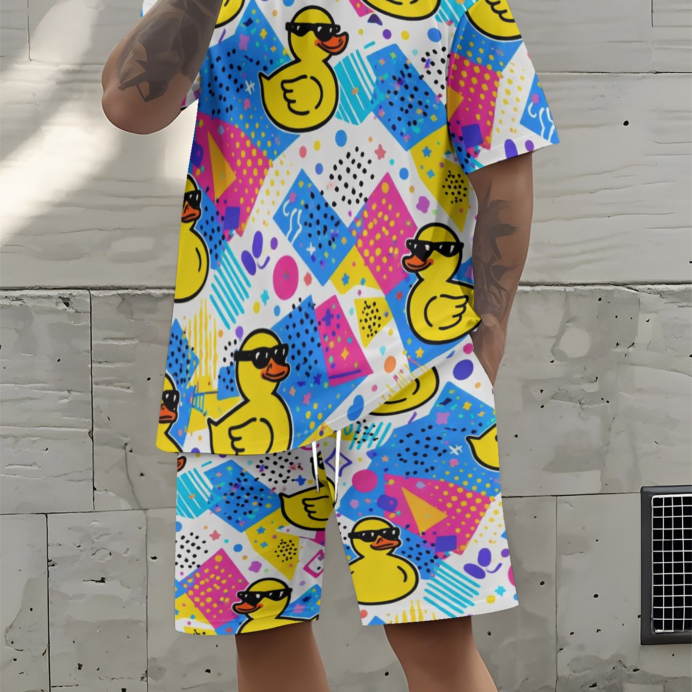 TEMU [new Arrival]trendy Yellow Duck Printed Set 2d Printing Design Casual Short-sleeve Top With Shorts Fashion Personality Unisex Summer Outfit