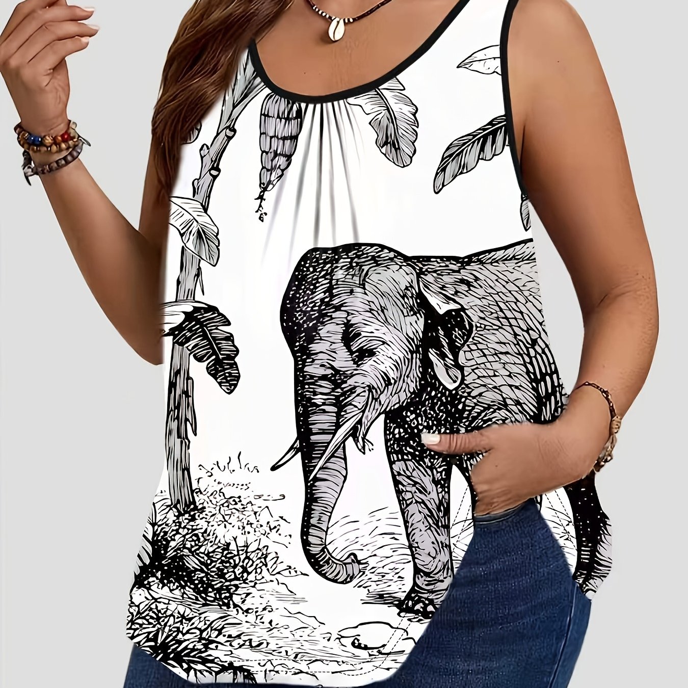 TEMU Plus Size Women's Tank Top, Mixed Colors, Multiple Specifications , Material, Sleeveless With Black Trim & Elephant-botanical Prints, Loose Fit,
