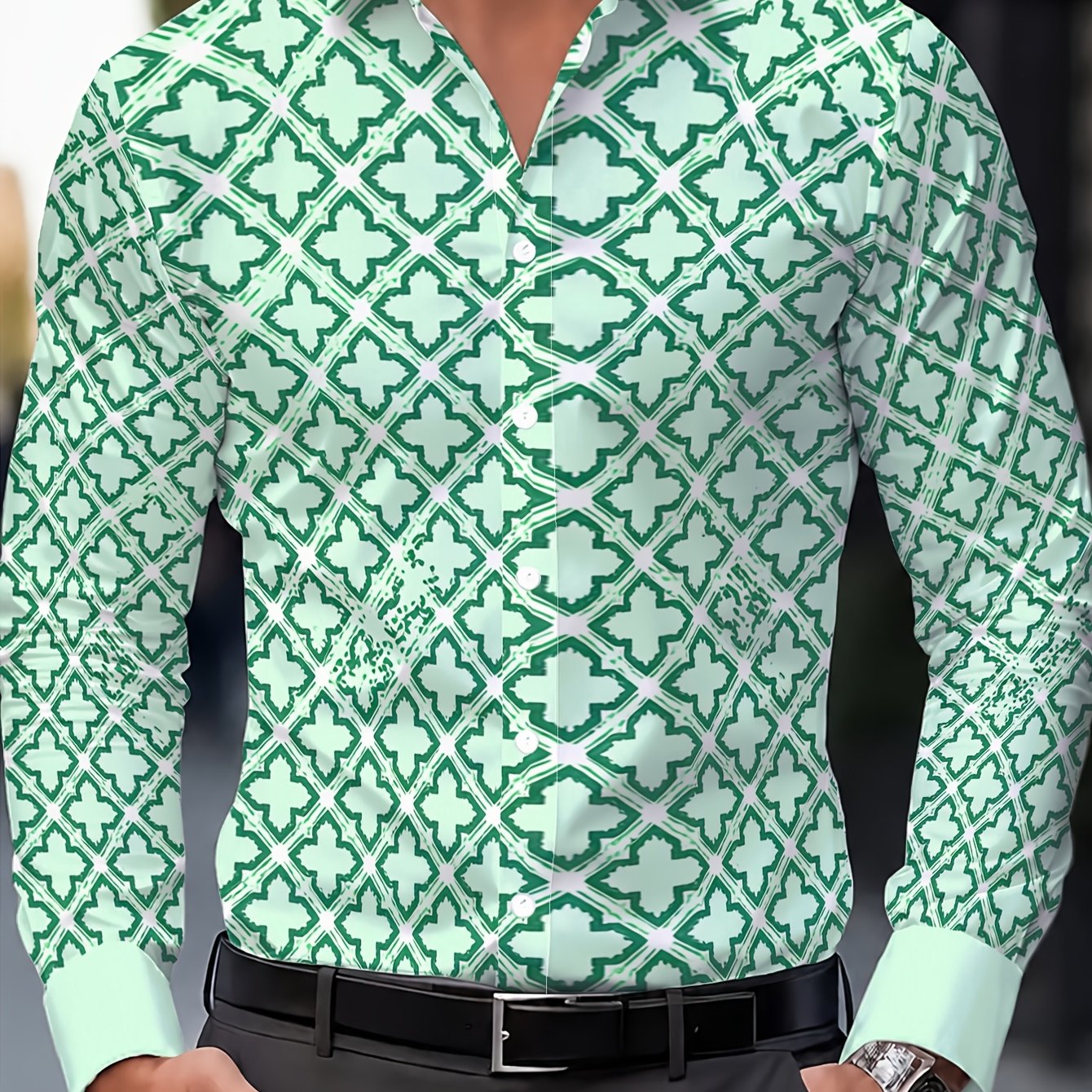 TEMU [print Design â Not Textured] Men's Geometric Print Long Sleeve Shirt, Spring Summer Fashion Casual Dress Shirt, Business Slim