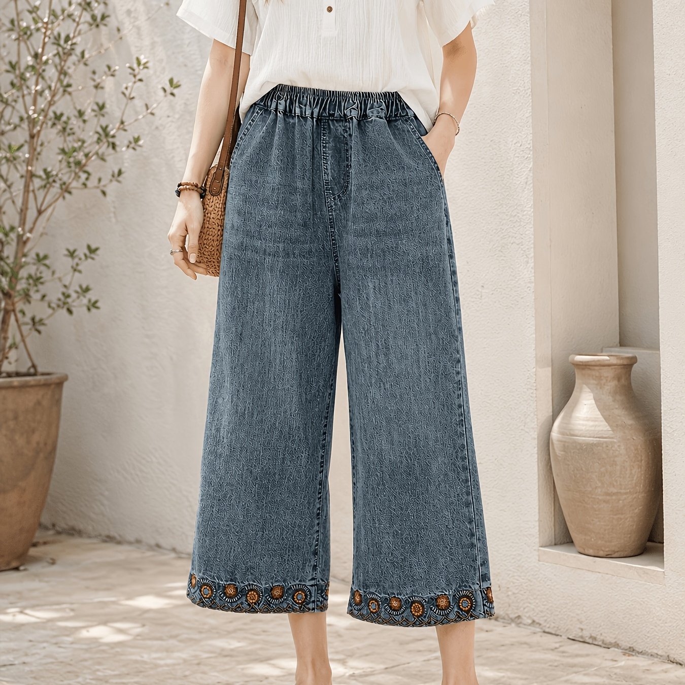 Women's Denim Culottes Vintage Floral Embroidery Elastic Waist Wide Leg Washed Cropped Jeans With Pockets Frayed Hem Scalloped Edge Soft Comfortable Spring Summer Casual Vacation Pants For Women