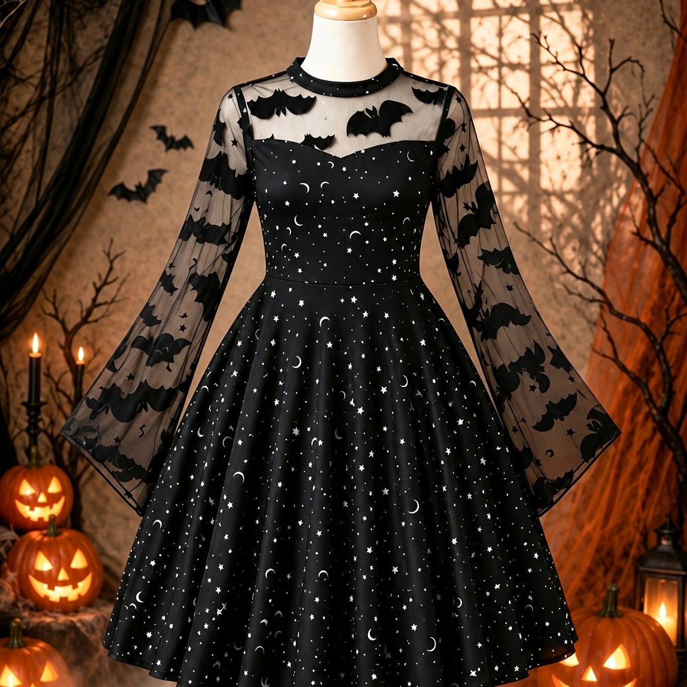 Image of Halloween Costumes For Kids Girl's Mesh Star And Moon Print Stand Collar Dress, Halloween / Christmas / Kid's Gift