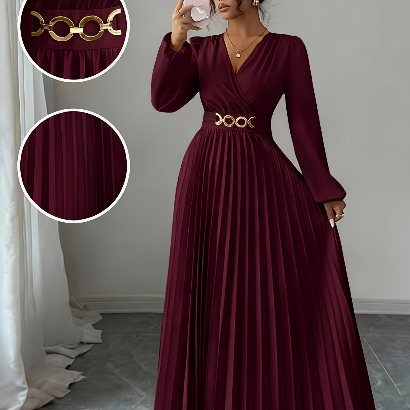E-shop Einfarbiges elegantes Maxikleid mit V-Ausschnitt, langen Ärmeln drapiertem Saum