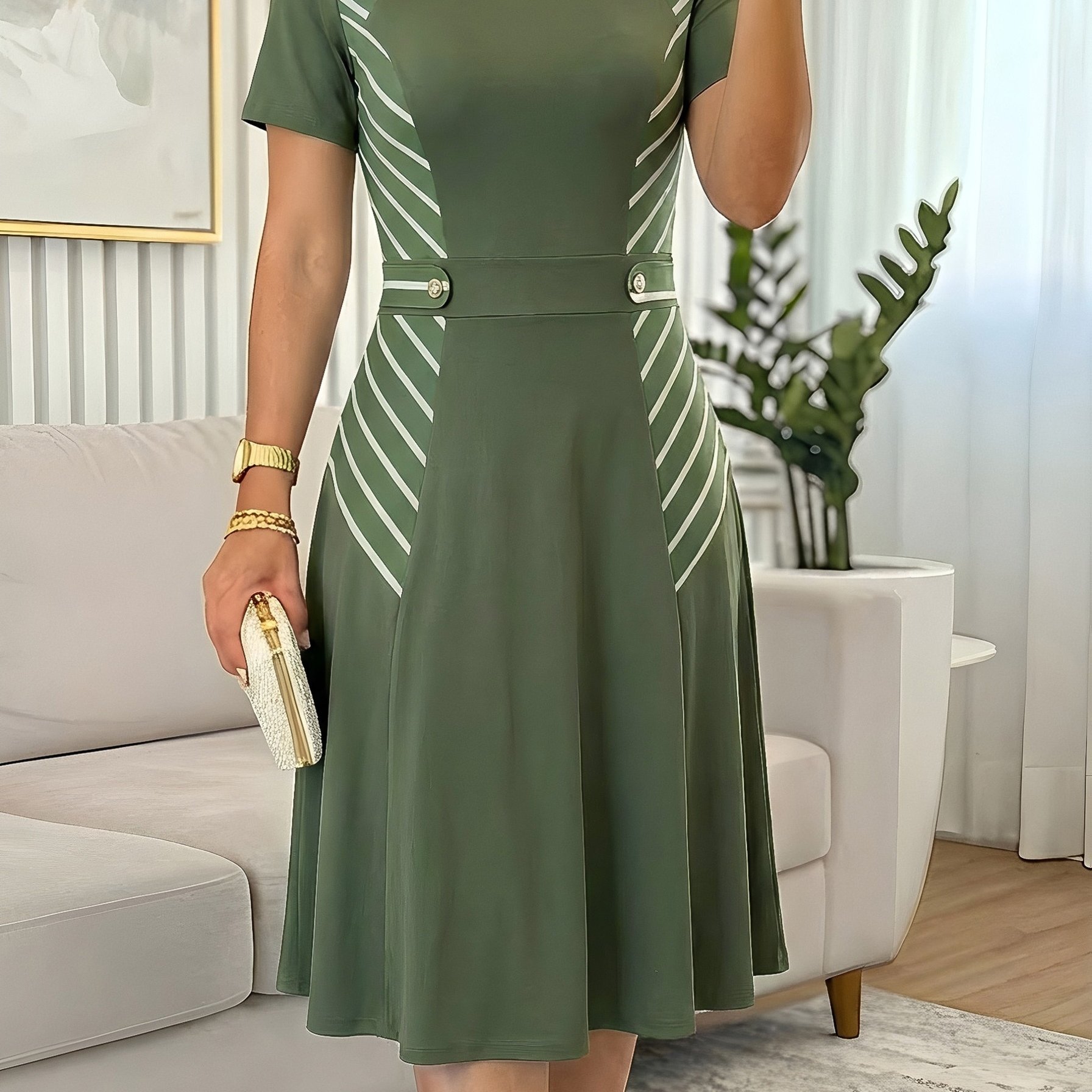 TEMU Vestido casual de vacaciones para mujer, manga corta, cintura ceñida y estampado