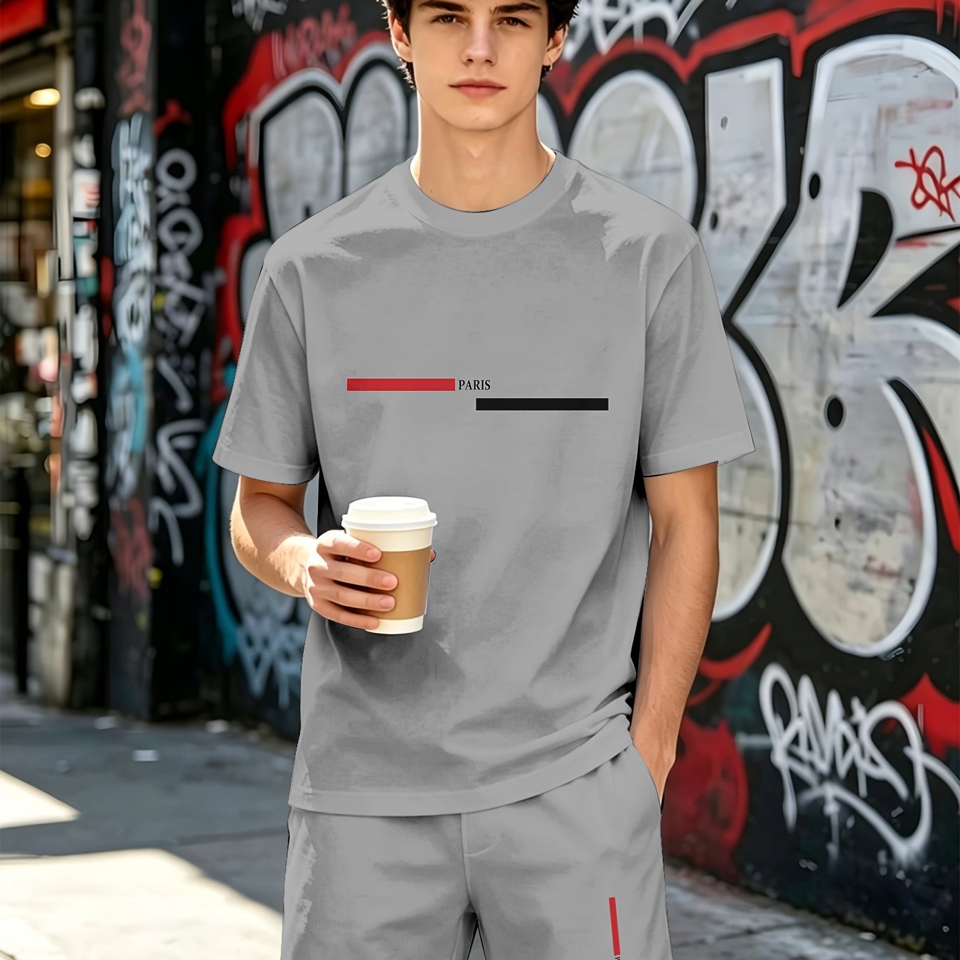 TEMU [printed Design - Not Textured] Easy Line Pattern T-shirt Top Versatile Daily Casual Athletic Shorts, For Outdoor, For Teenager, For Teenager