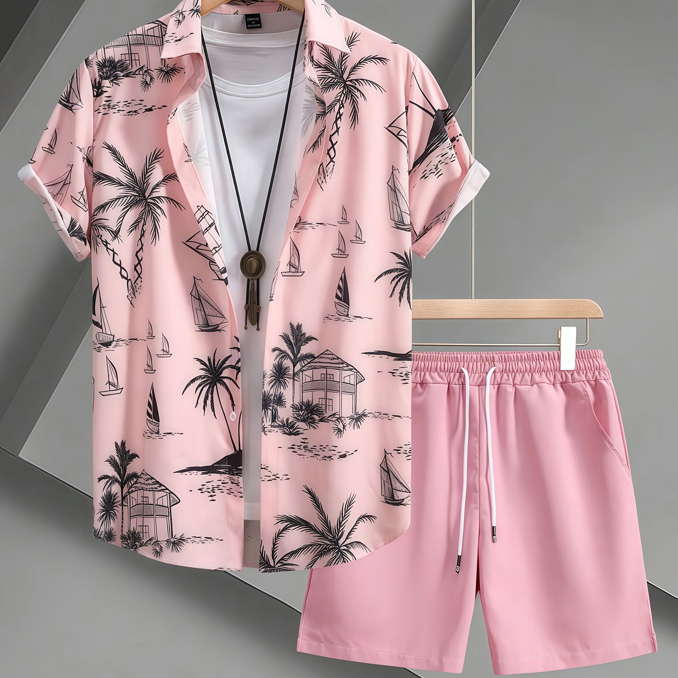 2pcs Set Summer Men's New Vacation Tropical Beach Fashion Shirt Top With Drawstring Elastic Quick-dry Short Sleeve