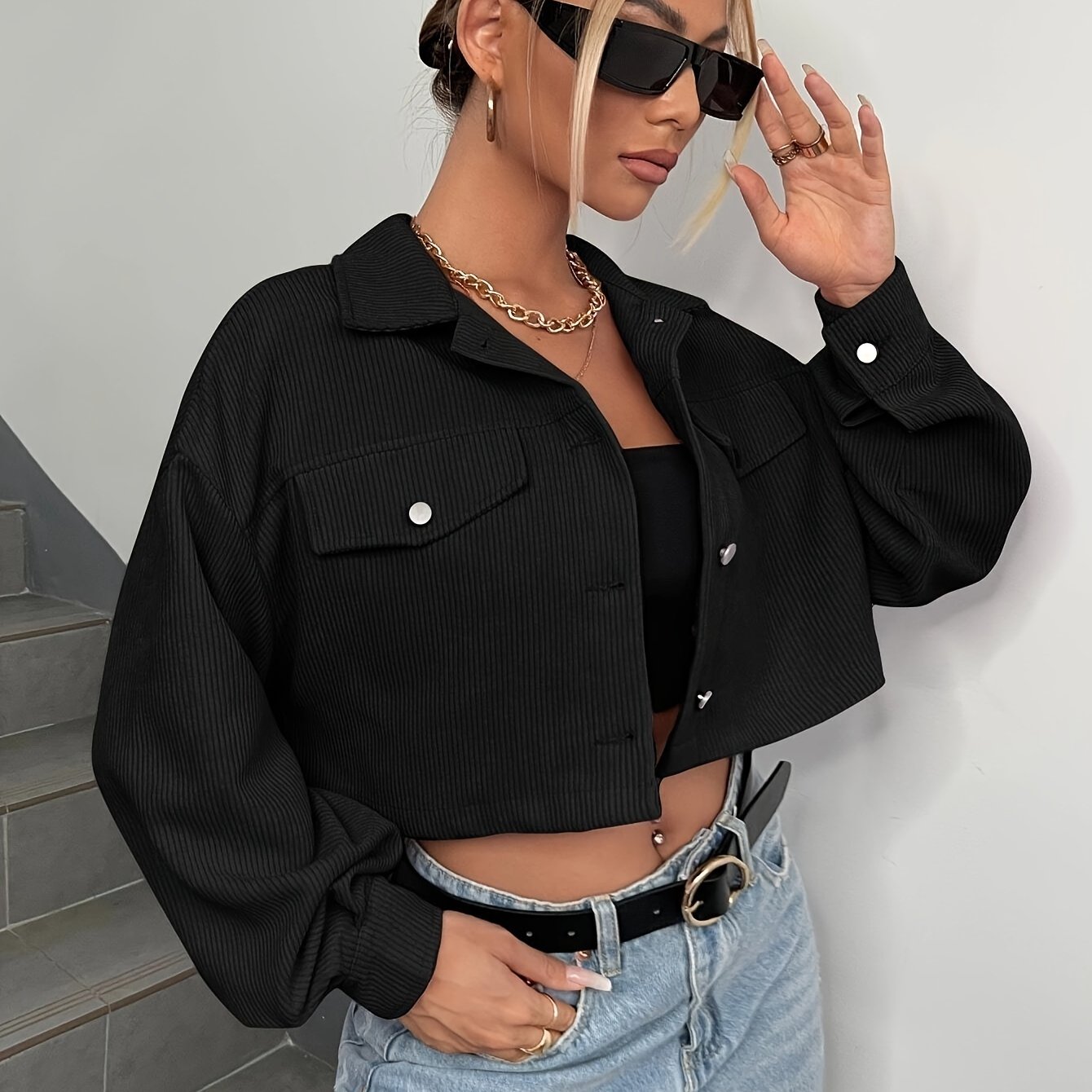 TEMU Women's Elegant Polyester 100% Solid Color Short Length Jacket With Fake Pockets, Long Sleeve Lapel Collar Cardigan For Spring/fall Season