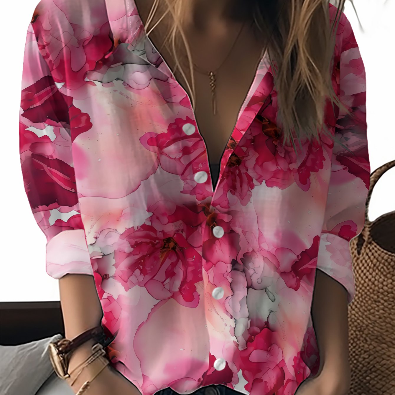TEMU New Women's Long-sleeve Shirt Featuring A Pink Floral Print With Delicate, Soft, And Romantic Blossoms. A Versatile Top For Festive Gatherings,