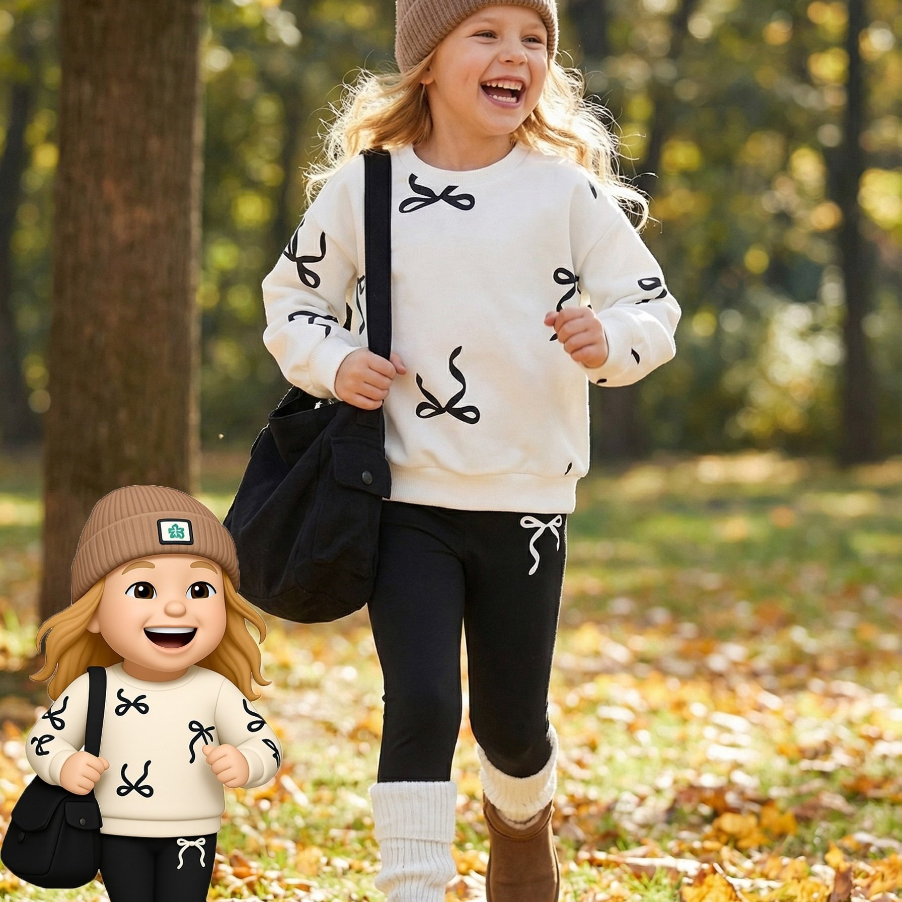 Image of Autumn/winter Girls' Casual Fashion 2pcs Set. The Top Is A White Sweatshirt With A Black Bow Pattern Print; Is Black Leggings Featuring White Bow Patterns. The Overall Cute And , Suitable For Daily