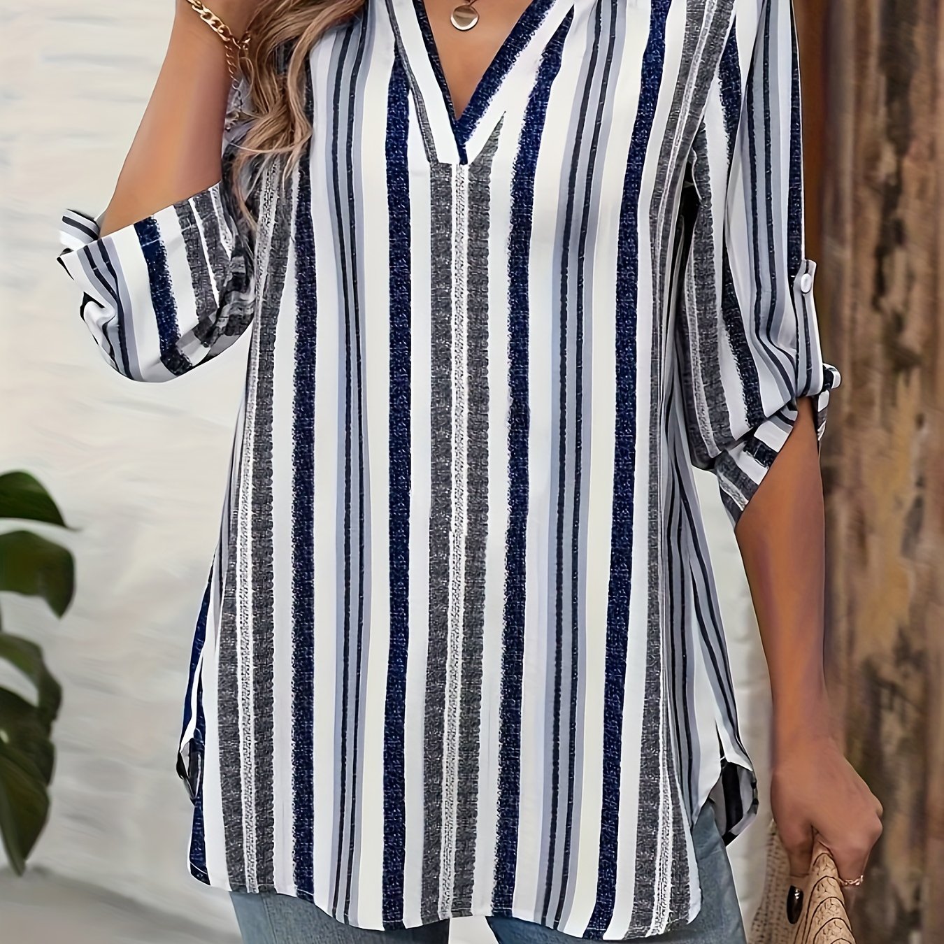TEMU Targeted Women's Fashion Striped Loose Top, V-neck And Autumn Shirt
