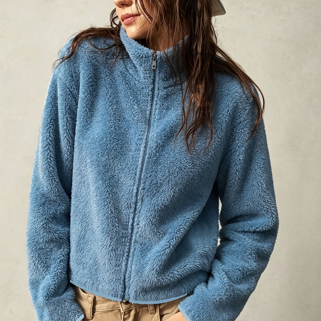 TEMU Thick Plush Zip Slim Women's Coat, Solid Crew Neck Warm Autumn Outerwear For And Trip