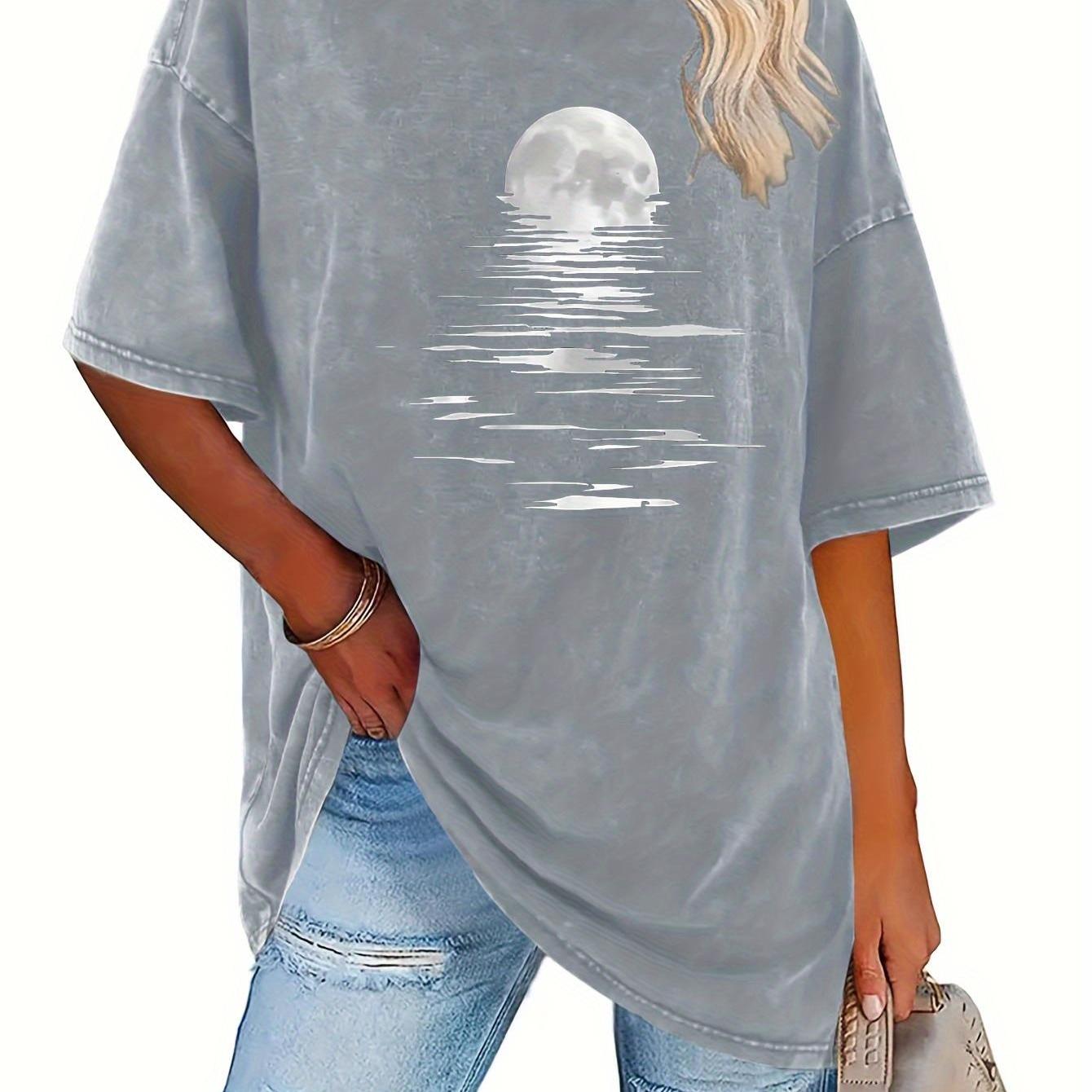 TEMU Womens Vintage Washed T-shirt - 230g Thick Retro Street Style Loose Fit Tee With Moon & Wave Graphic Print, Round Neck Short Sleeve, Machine