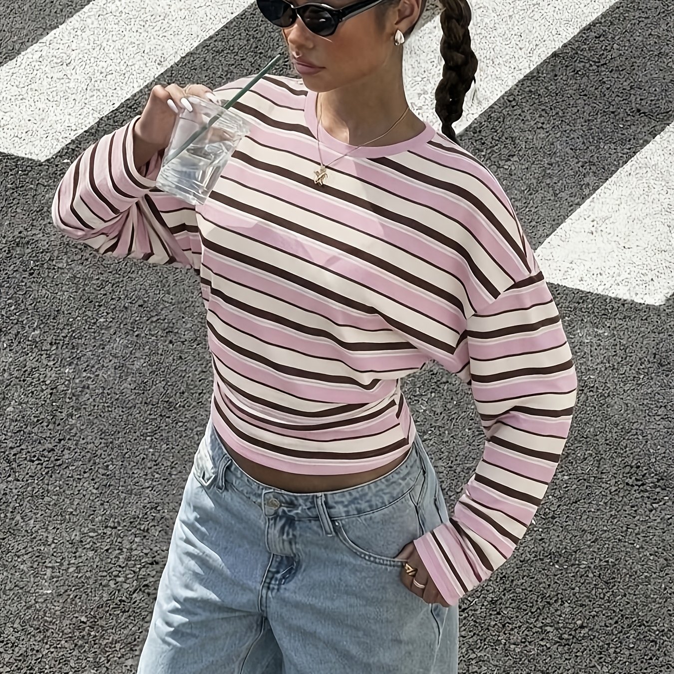 TEMU Women's New Autumn/winter Style Horizontal Stripe Long Sleeve Top, Loose Drop-shoulder Cropped T-shirt, Look For Spring/autumn, Casual Inner Or