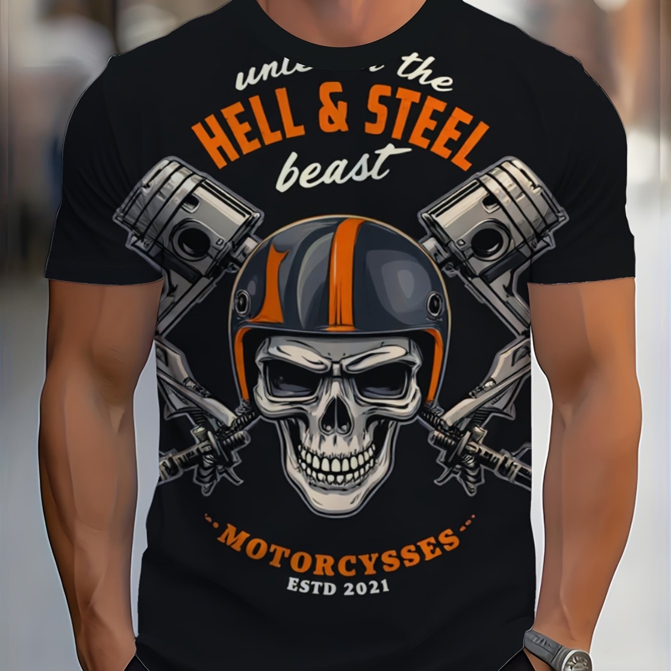 TEMU Men's Vintage Motorcycle Pattern T-shirt - Retro Tattoo Style Skull With Helmet And Piston, Release Background, Casual Short Sleeve Round Neck