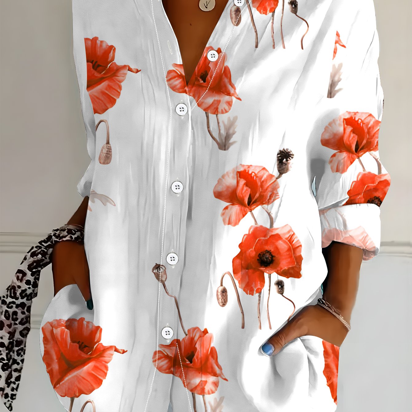 TEMU Women's Long Sleeve Shirt, Style, Printed Shirt, Red Poppy Pattern, Women's Floral Shirt, Beautiful Base, Women's Casual Shirt, Soft And