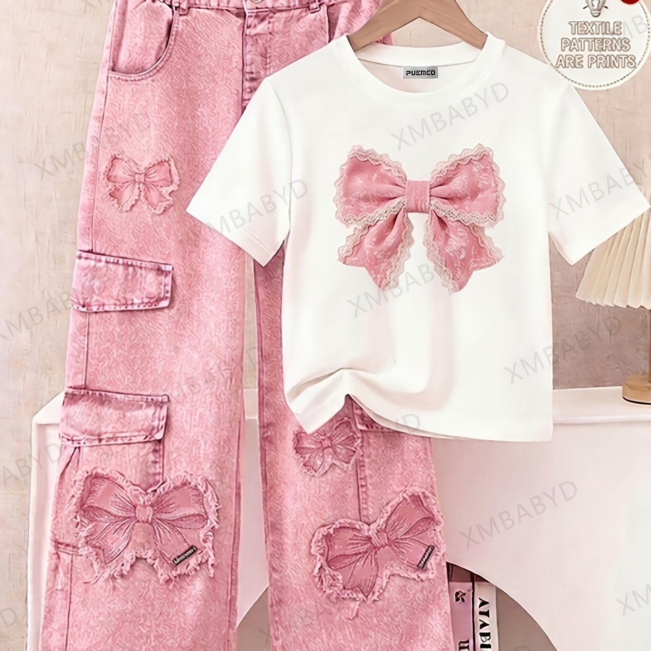 TEMU [1pc] Girls Short Sleeved Casual T-shirt, Pink Lace Trim Bow Print T-shirt, Suitable For , Round Neck T-shirt Top For Casual, Soft And