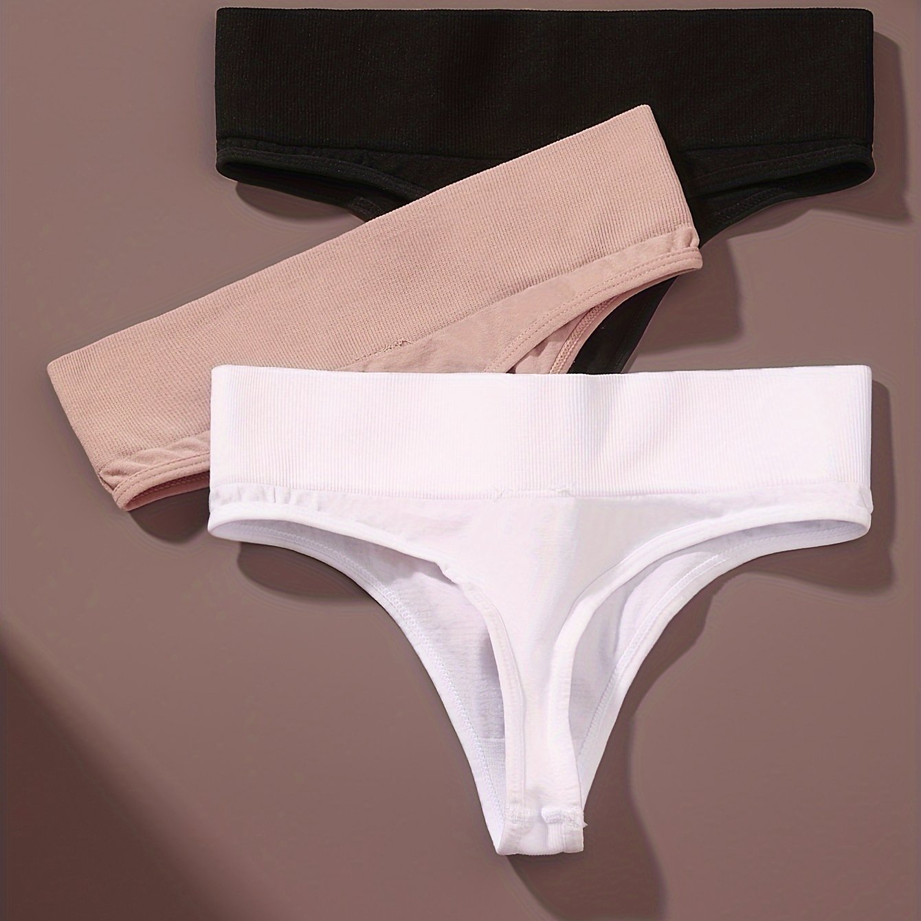 TEMU 3pcs/v-shaped Panties Set Easy Seamless Underwear Autumn And Winter Vertical Striped Ribbed Underwear Women' Panties Low-waist Panties