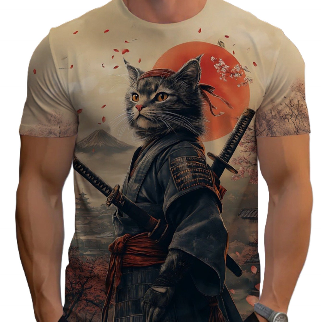 TEMU Men' Cat Japanese-style Printed Crew Neck Short Sleeve T-shirt, Creative And Japanese-inspired Casual Top, Trendy Style, Suitable For Family And